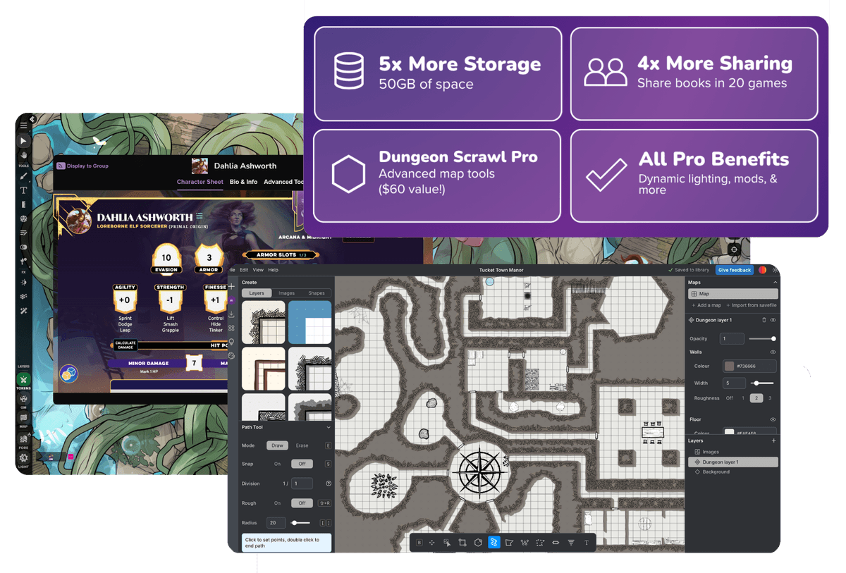 5x more storage, 4x more content-sharing power, and access to Dungeon Scrawl Pro features, in addition to the regular Pro benefits